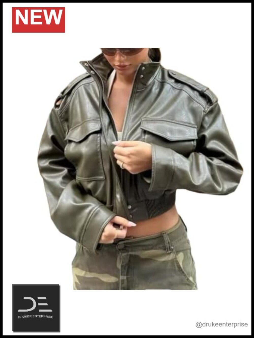 Cropped Faux Leather Jacket Stand Collar Zip Moto Women's